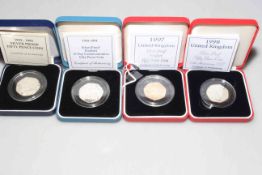 Two silver proof 1998 and 1993 50p coins and two Piedfort 1997 and 1994 50p coins,