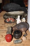 Collection of Oriental pieces, china, carved wood fish, cinnabar lidded pot,