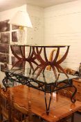 Pair circular brass topped folding coffee tables, rectangular glass topped low centre table,