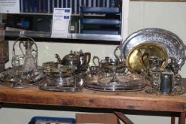 Large collection of silver plated ware including trays, tea sets, sweet dishes, claret jug,