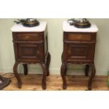 Pair Continental oak marble topped pot cupboards, 86cm by 41.