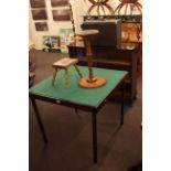 Walnut sliding glazed door bookcase, Singer sewing machine, folding bridge table,