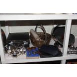 Brass jam pans, coal scuttle, plated ware, medical case, small Gladstone bag, briefcase,