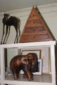 Small four drawer pyramid chest, carved wood elephant, tin model camel,