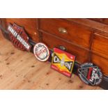 Four cast iron signs including Harley Davidson,
