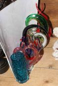 Whitefriars blue bark vase and five pieces of coloured art glass