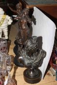 Pair of spelter figures of musicians and classical bust