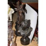 Pair of spelter figures of musicians and classical bust