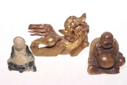 Wood buddha, gilt dog of fo, soapstone buddha (3),