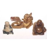 Wood buddha, gilt dog of fo, soapstone buddha (3),