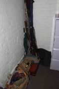 Large collection of fishing rods, waders, flies, tackle, reels, landing net,