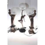 Pair of Art Deco Style lamps and a Art Deco style figure lamp on marble base,