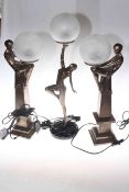 Pair of Art Deco Style lamps and a Art Deco style figure lamp on marble base,