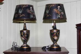 Pair of Japanned style table lamps and shades,