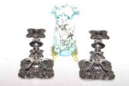 Pair of silver plated candlesticks and a Continental blue glass vase (3) 18cm by 9cm and 14cm by