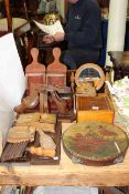 Collection of treen including bookends, money box, mirror, tambourine,