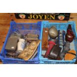 Two boxes of collectables including oil cans, opera glasses, purse,