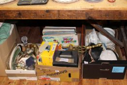 Three boxes of records, china, glass, cameras, fire irons,