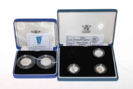 Two 1998 silver proof Piedfort 50p, and three 1993-95 silver proof Piedfort £1,