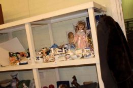 Four Royal Doulton character jugs, dolls, fur coat and Crombie, assorted teapots,