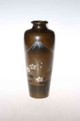 Signed Japanese bronze vase with silver inlaid Mount Fiji and flowers,