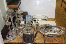 Collection of silver plated wares including candlesticks, tureen, cutlery,