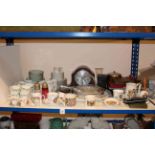 Oak mantel clock, commemorative china, teaware, cutlery, Hohner harmonica,