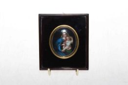Painted Madonna and child porcelain miniature oval in frame