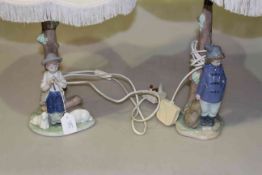 Two Nao figure lamps, Daisa Lladro 1988, Shepherd and Boy with Back Pack,