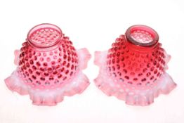 Pair of Vaseline tinted ruby glass lamp shades