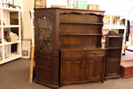 Oak linen fold panel shelf back dresser and two oak corner cabinets (3)