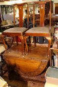 Carved oak barley twist gate leg dining table and pair cabriole leg dining chairs