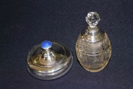 Silver and blue enamel mounted powder bowl and silver mounted crystal scent bottle (2)