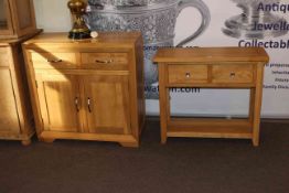 Oak two door side cabinet and two drawer console table (2)