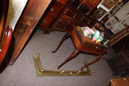 Pitch pine side table, brass fender, two tea trays, part tea set,