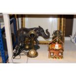 Elephant ornament, stick telephone, oil lamp,