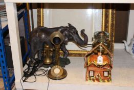 Elephant ornament, stick telephone, oil lamp,