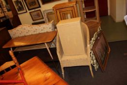 Two Ercol coffee tables, Lloyd Loom bedroom chair, linen bin,