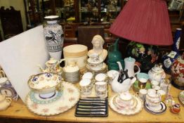 Large pottery table lamps and shade, Noritake tea set, Minton coffee cups and saucers,
