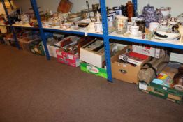 Fourteen boxes of china, glass, collectables, clocks and clock parts, reference books,