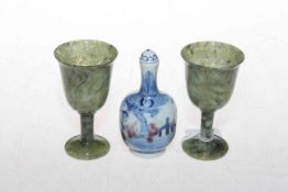 Chinese blue and white scent bottle and two snuff jade cups (3)