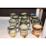 Collection of twelve Kingston Pottery character jugs and a regulator wall clock