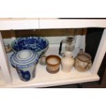 Blue and white bowl and planters, Denby and Lovatts vase,