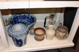 Blue and white bowl and planters, Denby and Lovatts vase,