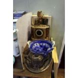 Victorian gilt and alabaster clock, Victorian flo blue tazza, EP teapot and tray,