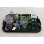 Collection of old glass including pressed vaseline brick vase, green overlay finger bowl,