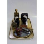 Tray lot with old bottles, Art Deco nude, mirror, boudoir clock,