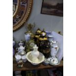 Collection of highly ornate gilt decorated vases and mantel clock, other vases, teapots, tea set,