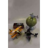 Model war time planes, globe with airliner, and clockwork robot toy,