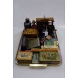 Tray lot of collectables including German tinplate toy sewing machine, small spice drawers,